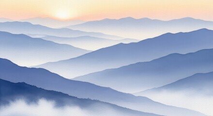Obraz premium Mountain layers in morning fog landscape with rising sun