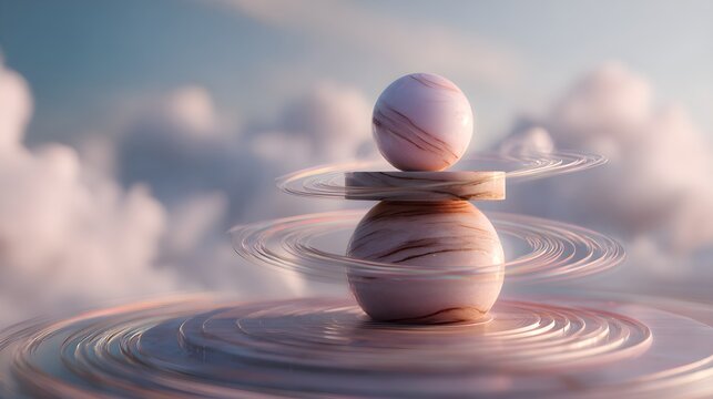 Balanced marble stones with circular ripples, serene wellness concept against soft sky background