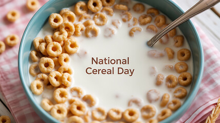 A bowl of ring-shaped cereal in milk with a spoon, celebrating National Cereal Day