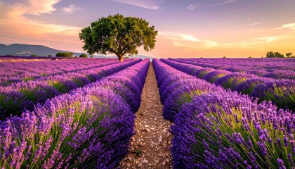 Vast lavender field in Provence France at sunset with a lone tree and soft purple hues casting long shadows across the rows under a colorful sky