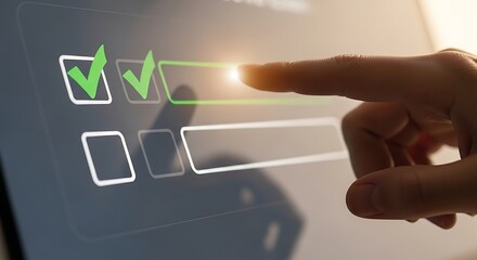 Close up of a finger selecting a checkbox on a digital screen with a glowing effect