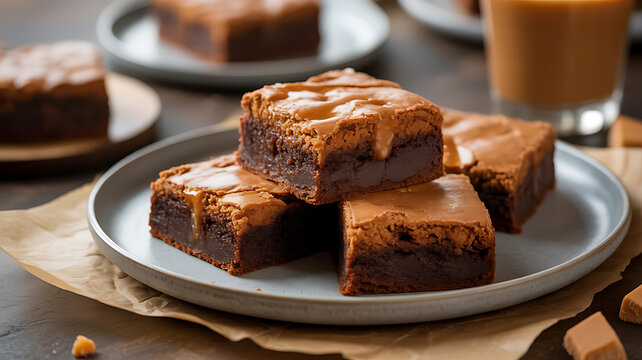 Stacked chocolate brownies with caramel topping on a plate, served with a cup of coffee
