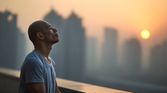 Peaceful man meditating at sunrise overlooking a blurred cityscape, finding calm and serenity.
