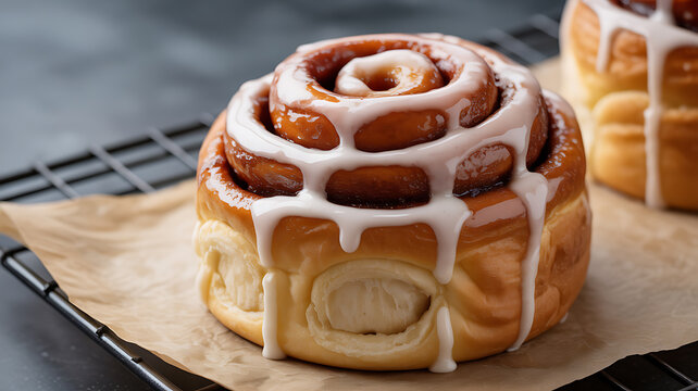 Freshly baked cinnamon roll with white icing drizzle on parchment paper