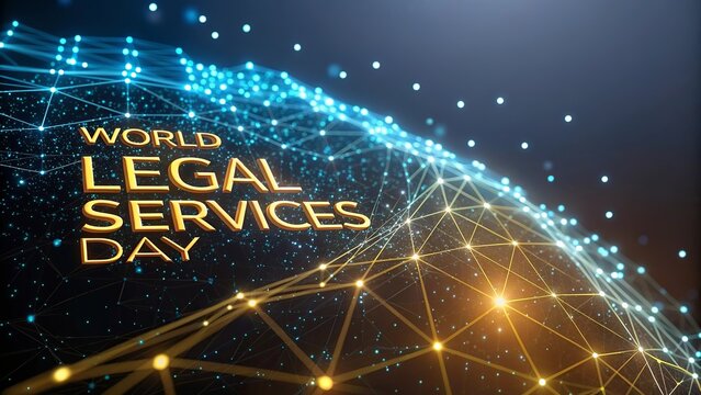 Legal Services Day, Digital abstract law concept with interconnected neon justice lines forming a network.