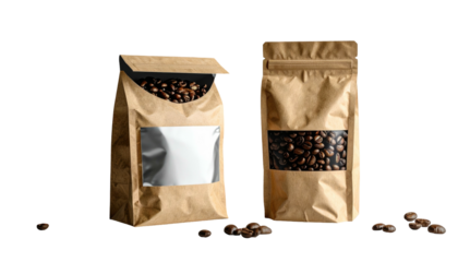 Two kraft paper coffee bags, one open, displaying roasted beans, isolated against a plain black background