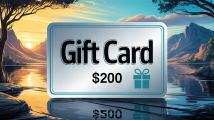 Gift card with $200 on scenic sunset lake background