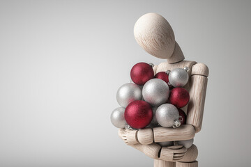 Wooden mannequin holding delicate silver and red Christmas balls, reflecting joy, unity, and warmth of holiday season, in artistic studio setup with soft shadows on white background 