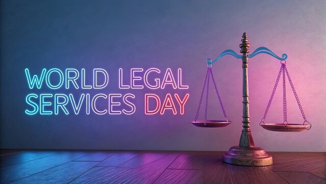 Legal Services Day, Geometric minimal design representing justice through balanced abstract legal forms.