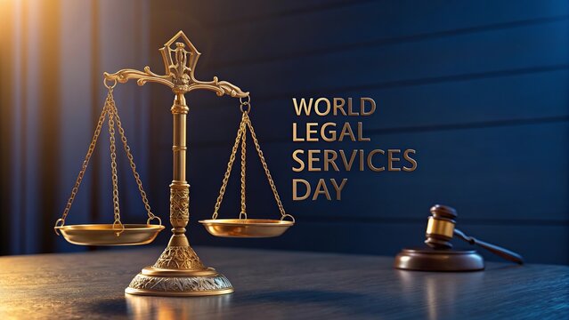 Legal Services Day, Golden justice scales glowing with intense amber lighting symbolizing fairness.