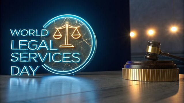Legal Services Day, Vibrant legal emblem glowing in electric blue representing dynamic justice concept. - Powered by Adobe