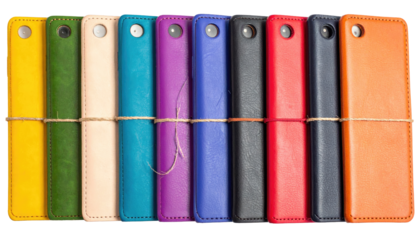 Row of colorful leather phone cases bound together with twine, creating a vibrant and textural composition