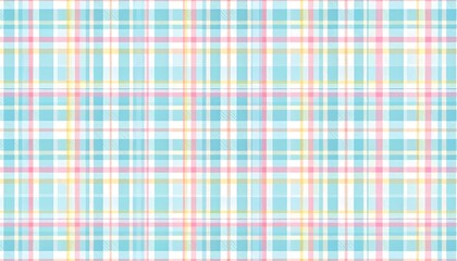 A vibrant plaid pattern featuring intersecting lines of various colors, including light blue, pink, yellow, and white, creating a cheerful textile appearance
