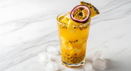 Refreshing Passion Fruit and Pineapple Cocktail with Ice Cubes.