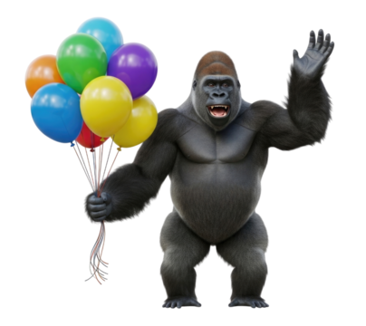 Gorilla holding balloons transparent background cutout png
