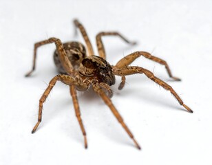 Fototapeta premium Close-up macro photograph of a brown spider with striped markings on a stark white background