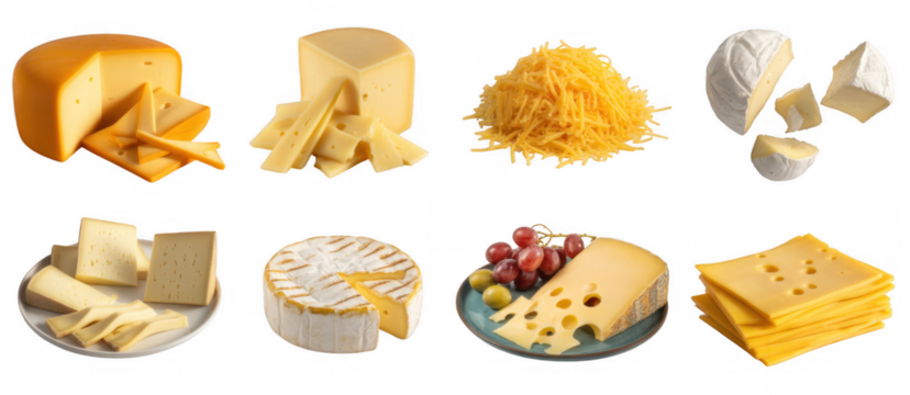 Assorted dairy cheese varieties isolated on a transparent background