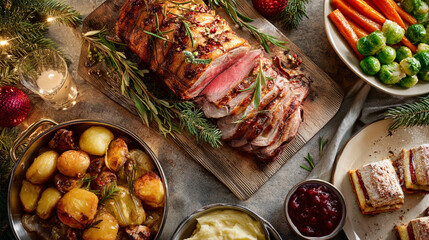 A christmas feast featuring roast beef, potatoes, and other holiday dishes