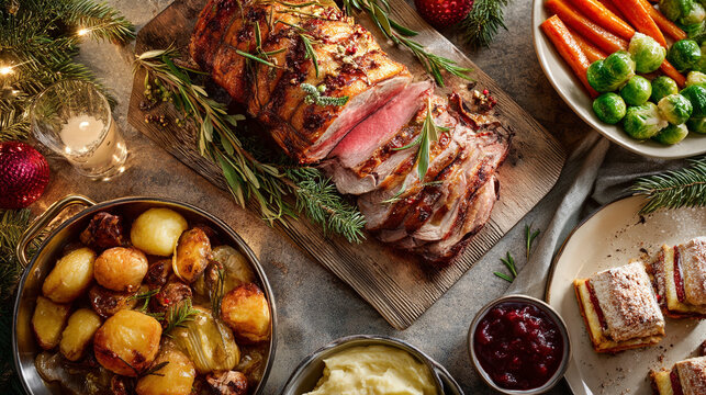 A christmas feast featuring roast beef, potatoes, and other holiday dishes
