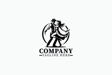 Fototapeta premium Cowboy and Cowgirl Dance Vector – Elegant Black and White Silhouette of Western Couple Dancing in Dynamic Pose, Country Dance Illustration for Branding, Event Logos, Posters, and Western-Themed Design