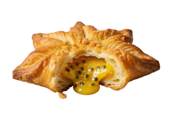 Luxurious golden-baked star pastry, torn, revealing vibrant, glossy, oozing yellow-gold passionfruit curd, crisp layers, scattered crumbs, on transparent background. Concept of indulgent dessert