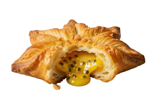 Luxurious golden-baked star pastry, torn, revealing vibrant, glossy, oozing yellow-gold passionfruit curd, crisp layers, scattered crumbs, on transparent background. Concept of indulgent dessert