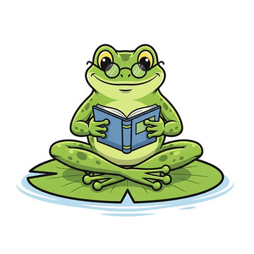 Cute cartoon frog wearing glasses reading a book sitting on a lily pad isolated on transparent background