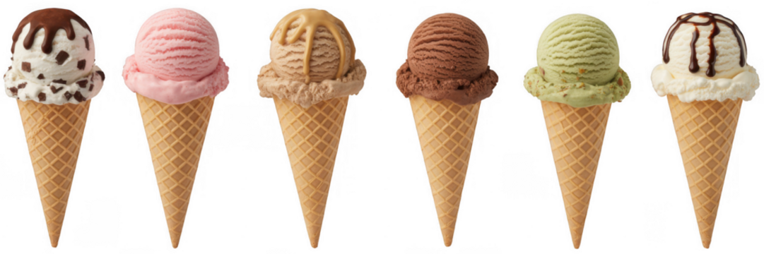Assorted ice cream cones isolated on a transparent background - Powered by Adobe