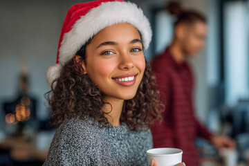 Smiling Woman in Santa Hat Enjoying a Festive Moment