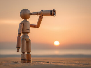 Wooden mannequin holding telescope looking toward sunrise, representing vision, goal setting, and motivation to achieve new career heights with persistence and hope.