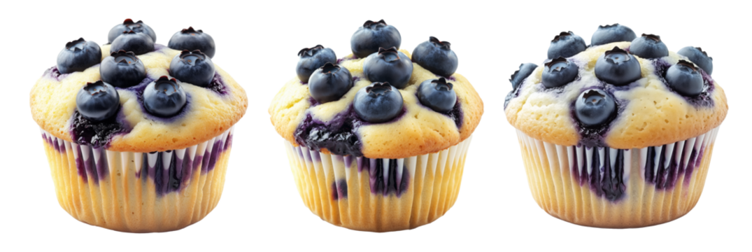 Freshly baked blueberry muffin with whole berries on top, isolated on white background. Concept of homemade dessert