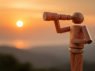 Wooden mannequin holding telescope looking toward sunrise, representing vision, goal setting, and motivation to achieve new career heights with persistence and hope.