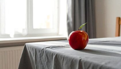 A vibrant red apple with a single green leaf sits on a gray tablecloth in front of a sunlit window. The composition focuses on the fruit