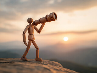 Wooden mannequin holding telescope looking toward sunrise, representing vision, goal setting, and motivation to achieve new career heights with persistence and hope.