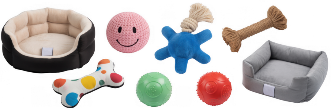 Pet beds and toys isolated on a transparent background