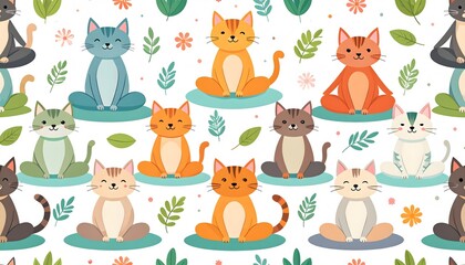 Obraz premium Cheerful Cats in Lotus Pose Seamless Pattern