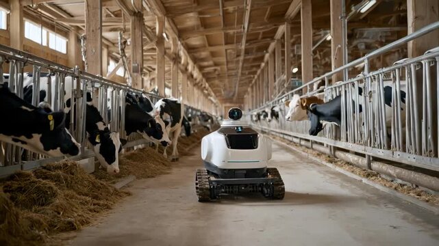 Medium shot of a mobile robotic milking system navigating a dairy barn showcasing automated milk extraction on the move with efficiency and precision.