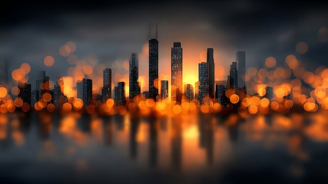 Warm sunset city skyline with glowing orange bokeh lights vibrant urban evening silhouette atmospheric golden hour background for posters web banners social media headers travel and lifestyle design
