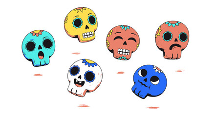 Fototapeta premium Vibrant collection of cheerful sugar skull emoticons, each showcasing a unique expression with festive cultural art