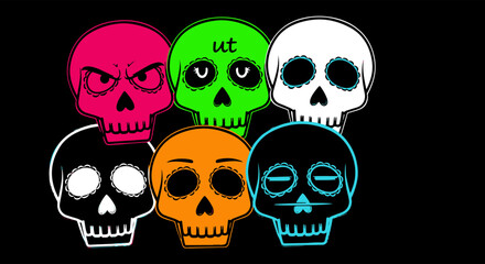 Vibrant collection of expressive sugar skull emoticon designs on a dark background, perfect for unique graphic art concepts