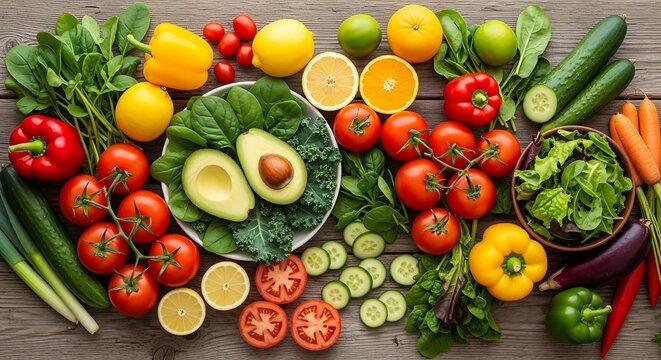 Fresh and Vibrant Vegetable and Fruit Platter Displaying a Variety of Colors and Textures Arranged on a Wooden Surface