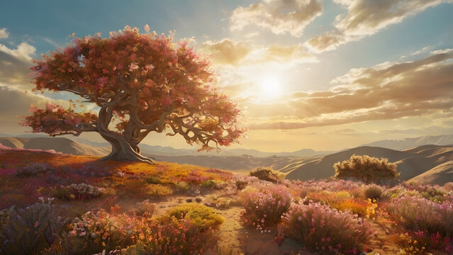 Vibrant Artistic Tree in Blooming Field at Sunset &ndash; Warm conceptual landscape, colorful flowers, fantasy nature illustration, inspirational scenic background