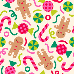 Colorful cute geometric desserts seamless pattern design for Christmas and new year celebration background.