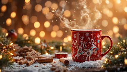 Christmas reindeer mug with steaming coffee on snowy table, gingerbread cookies, cinnamon, and bokeh lights