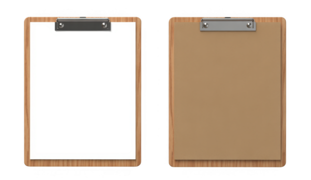 Wooden clipboards with paper and brown card isolated on a transparent background
