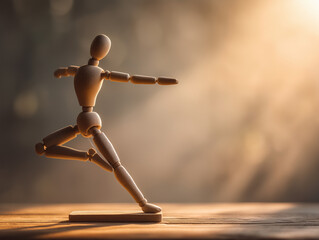 Wooden mannequin performing yoga stretch under warm morning light, reflecting flexibility, self-control, mindfulness, and stress reduction in healthy living concept.