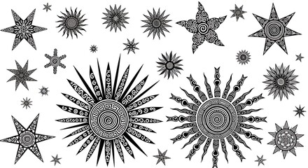 Collection of Decorative Sun and Starburst Illustrations in Black and White.