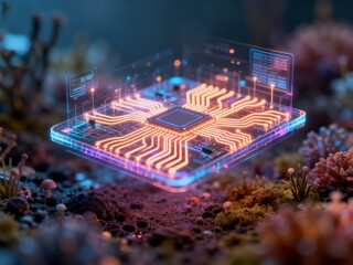 A glowing circuit board with illuminated pathways floats above a vibrant, alien-like terrain.