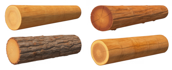 Four wooden logs showing different textures and cross sections isolated on a transparent background timber