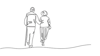 elderly couple continuous one line drawing animation, Continuous one line drawing of elderly couple graphic animation. 4K resolution. Single line art illustration on the theme of grandfather and grand